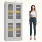 Cyclysio 67" LED Kitchen Pantry Cabinet with 6 Adjustable Shelves, Tempered Glass Doors, Built-in Color-Changing LED, Large Storage Cupboard for Kitchen, Dining, Living Room, and Bathroom, Grey