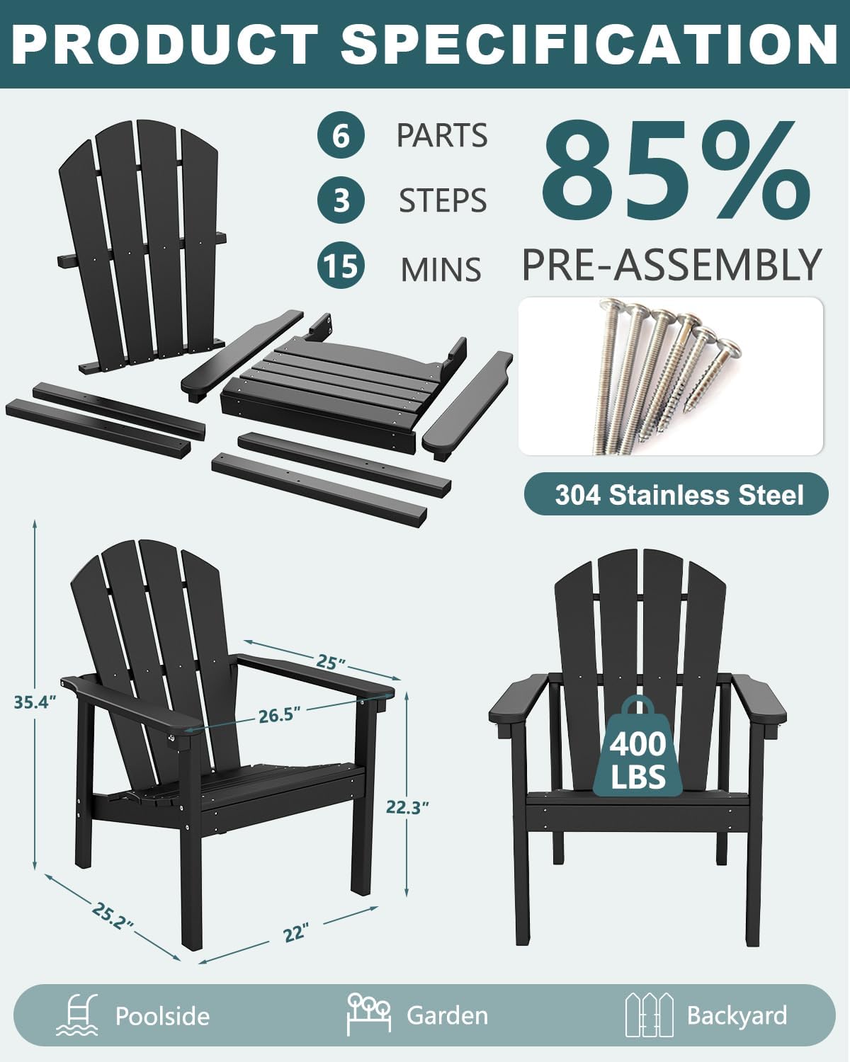 Adirondack Chair Set of 4, All Weather HDPE Fire Pit Chairs, Oversized Plastic Adirondack Chair for Outdoor, Balcony, Deck, Backyard, Patio, Garden, Poolside, Lawn Black