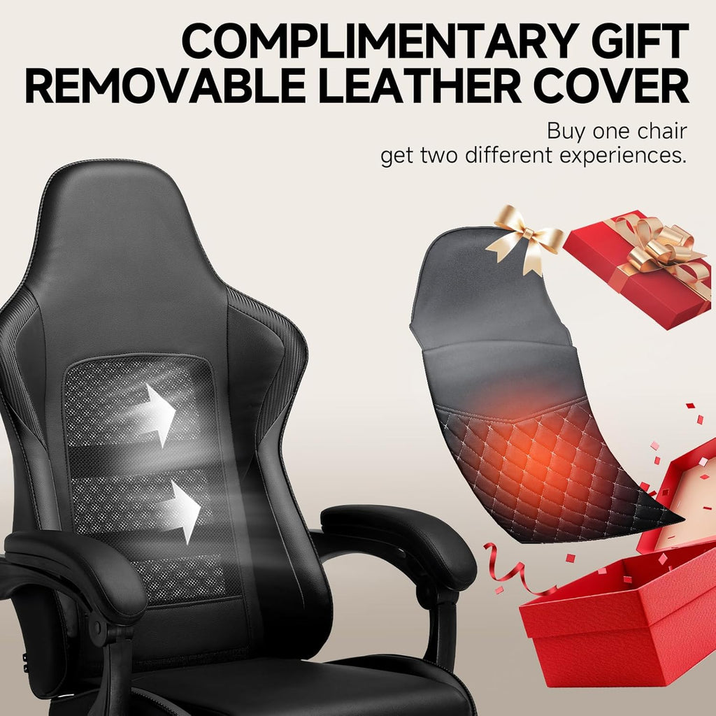 GTPLAYER Gaming Chair, High Back Computer Gaming Chair with Footrest, Ergonomic Height Adjustable Office Chair with Removable Cover and Lumbar Support for Gaming & Work (BLK,with Leather Cover)