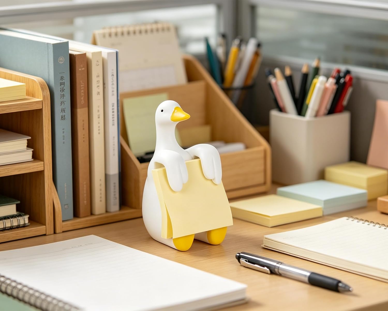 Silly Goose Pop-up Sticky Note Dispenser, Includes 1 Pad of 3x3 in Super Sticky Notes, 100 Sheets, Resin Cute Handmade Desk Holder for Office & Home, Funny Goose Desk Decorations-Yellow
