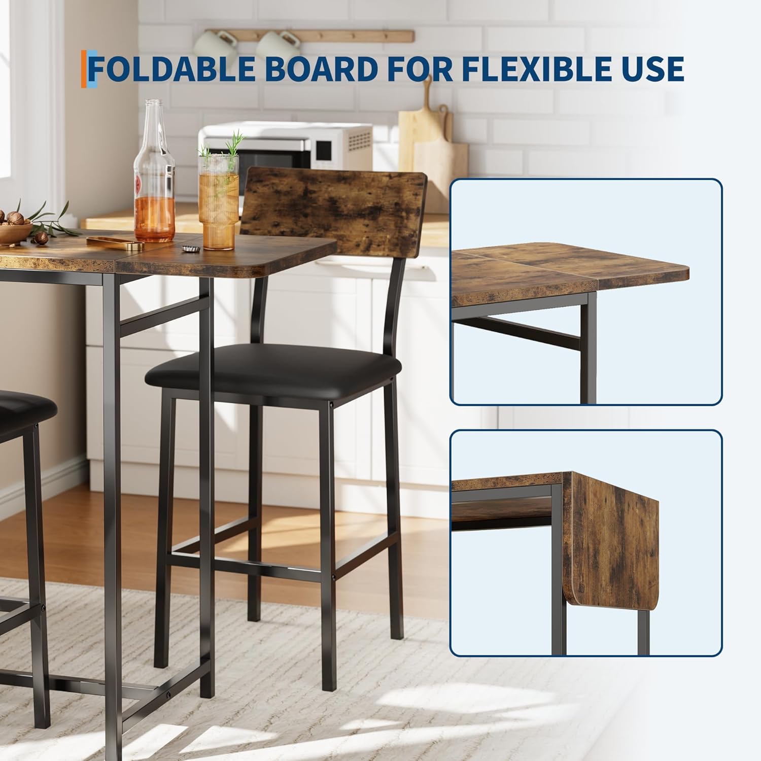 Garvee Dining Table Set for 2, 3-Piece Expandable Bar Table and Chairs Set, with Storage Shelves and Wine Rack, Small Kitchen Dining Set for Living Room, Apartment