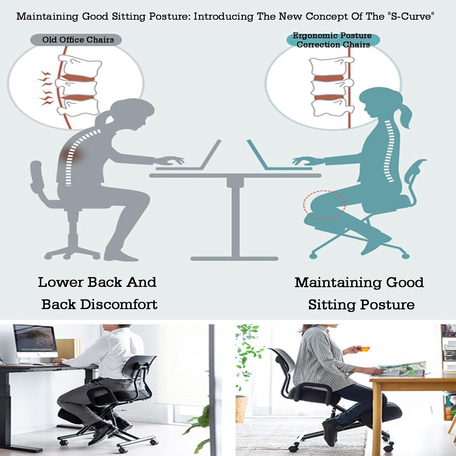 Ergonomic Posture Chair with Wheels,Kneeling Chair with Armrests,Steel Lumbar Support Kneeling,Adjustable Stool for Home Office(PU Leather)