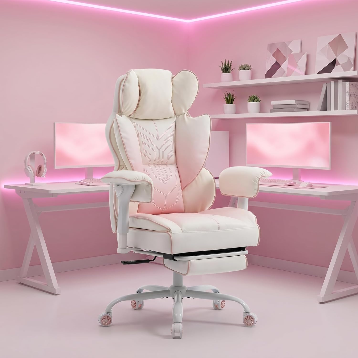 Big and Tall Gaming Office Chair 400lbs - Heavy Duty Ergonomic Computer Desk Chair with Footrest, Adjustable Armrests, High Back PU Leather with Racing Style (White/Pink)
