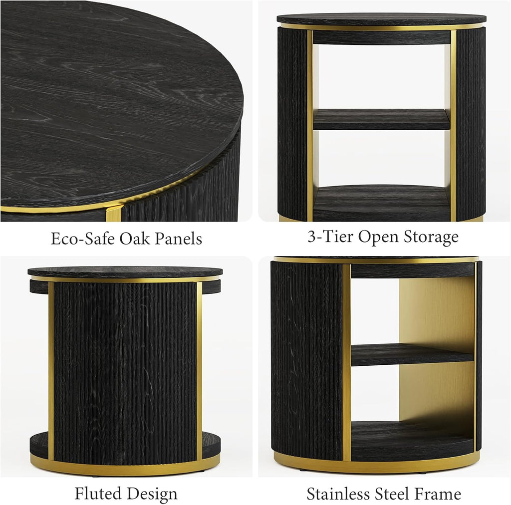 AUZ Round Black and Gold Fluted End Table Set of 2, 22" Mid Century Modern Wood Side Table with Storage, Modern Bedside Table, Nightstand for Living Room, Bedroom