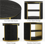 AUZ Round Black and Gold Fluted End Table Set of 2, 22" Mid Century Modern Wood Side Table with Storage, Modern Bedside Table, Nightstand for Living Room, Bedroom