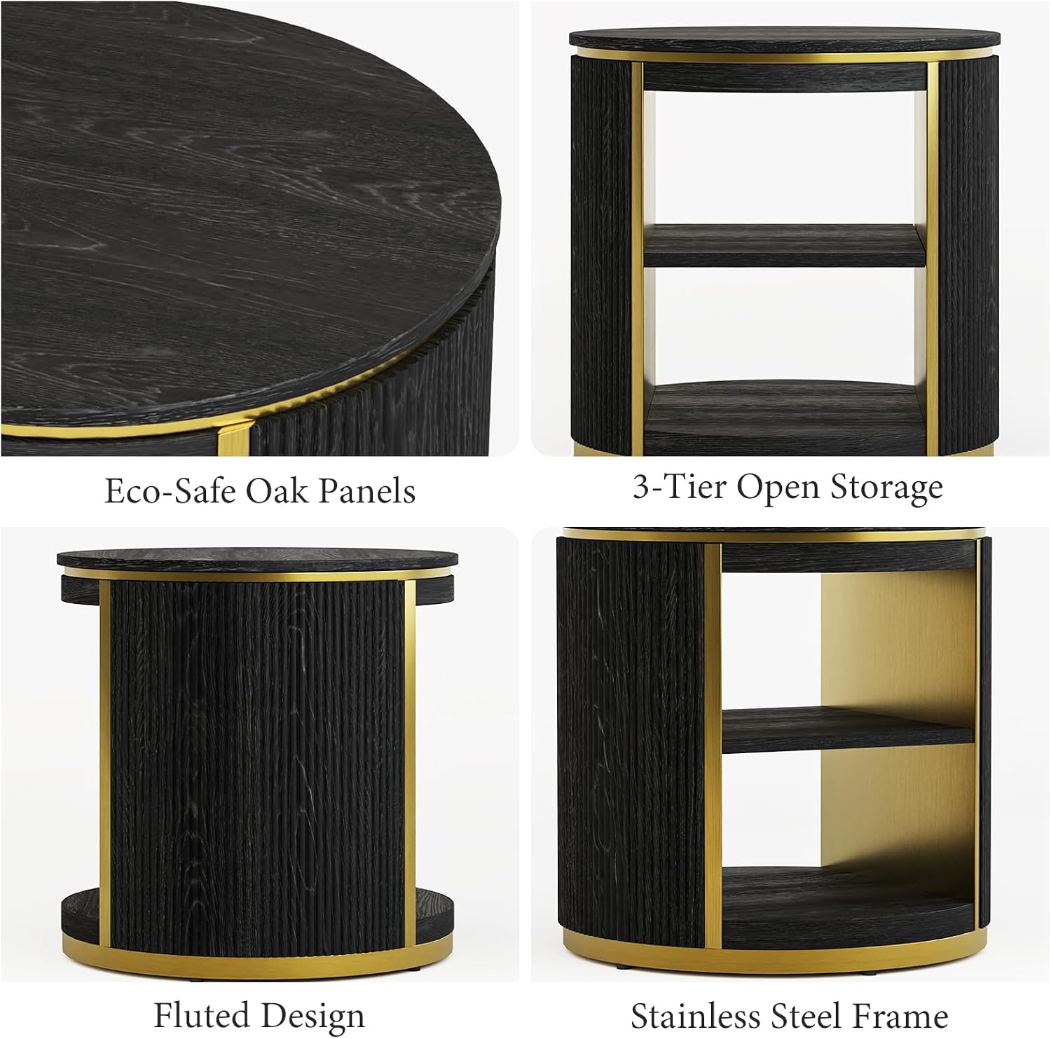 AUZ Round Black and Gold Fluted End Table Set of 2, 22" Mid Century Modern Wood Side Table with Storage, Modern Bedside Table, Nightstand for Living Room, Bedroom
