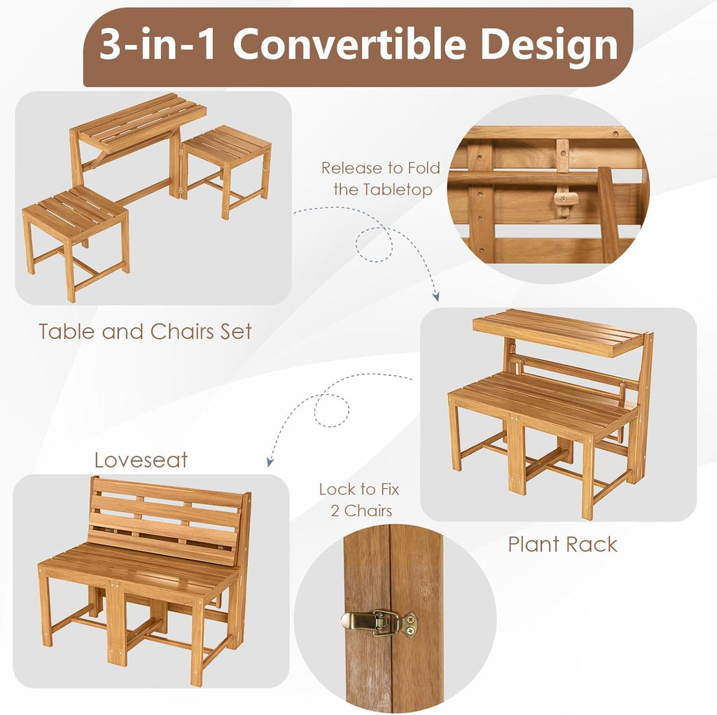 Tangkula 3-in-1 Convertible Bench Bar Table, Space-Saving Patio Convert A Bench with Balcony Plant Rack Design, Outdoor Folding Table and Chairs Set for Garden Porch & Backyard