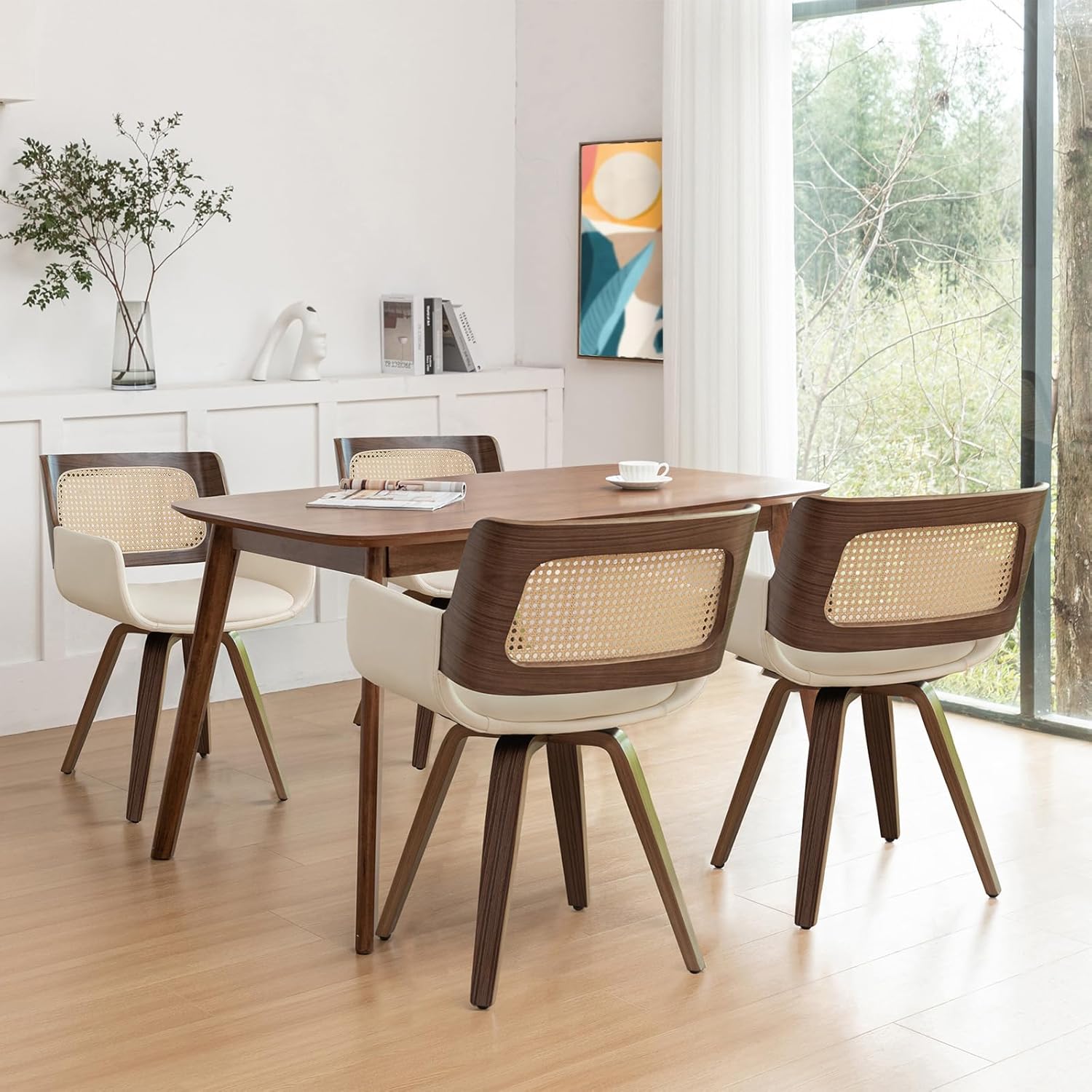 Set of 2 Swivel Dining Chairs - MCM Dining Chairs with Curved Arms, Ergonomic Cane Back, Bentwood Frame, Dining Room Chairs for Kitchen/Conference/Restaurant/Living Room (Walnut Beige)