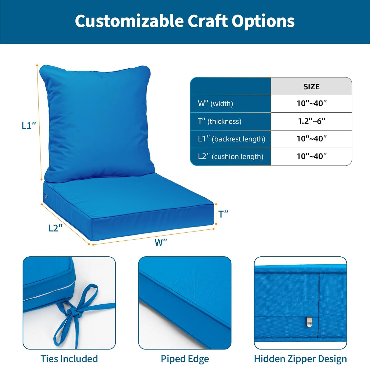 Detiblue Custom Size Chair Cushion Set, Seat & Back Replacement Cushions for Indoor Outdoor Furniture, Personalized Fabric & Print Options with Soliguard Performance