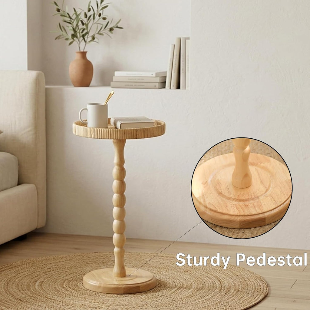 Small Drink Table, Rattan Round Side Table for Small Spaces, Boho Accent Table End Table with Solid Wood Leg for Living Room, Nightstand Table for Bedroom, Corners