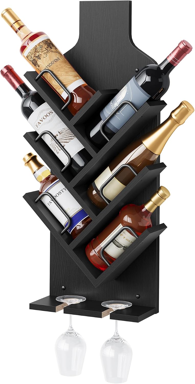 FAVOOSTY Wine Rack Wall Mounted for 6 Wine Bottles, Wall Racks for Wine Bottles Display and Storage with Glass Holder, Wood Wine Rack for Living Room, Dining Room, Wine Cellar, Bar (Black)