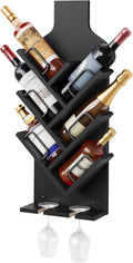 FAVOOSTY Wine Rack Wall Mounted for 6 Wine Bottles, Wall Racks for Wine Bottles Display and Storage with Glass Holder, Wood Wine Rack for Living Room, Dining Room, Wine Cellar, Bar (Black)