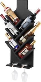 FAVOOSTY Wine Rack Wall Mounted for 6 Wine Bottles, Wall Racks for Wine Bottles Display and Storage with Glass Holder, Wood Wine Rack for Living Room, Dining Room, Wine Cellar, Bar (Black)