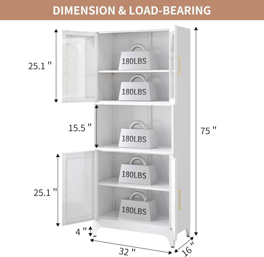 Kitchen Pantry Cabinet with Acrylic Glass Doors, 75" Freestanding Food Pantry with Countertop, Adjustable Shelves, Metal Cabinet for Living, Dining Room, White, Assembly Required