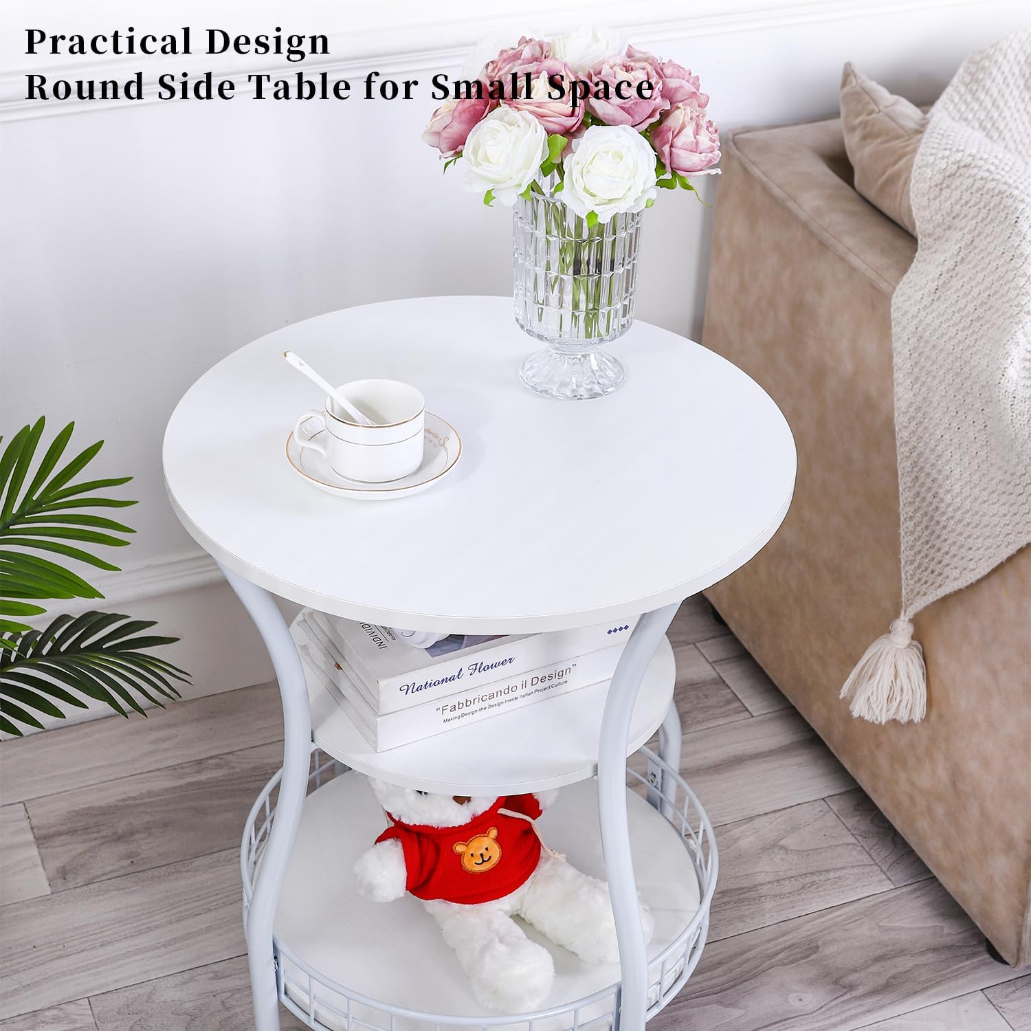 Round Side Table, 3-Tier Circular End Table with Storage Shelf,White Accent Sofa Table for Small Spaces,Round Corner Coffee Table for Living Room, Bedroom,19.6 inch Diameter