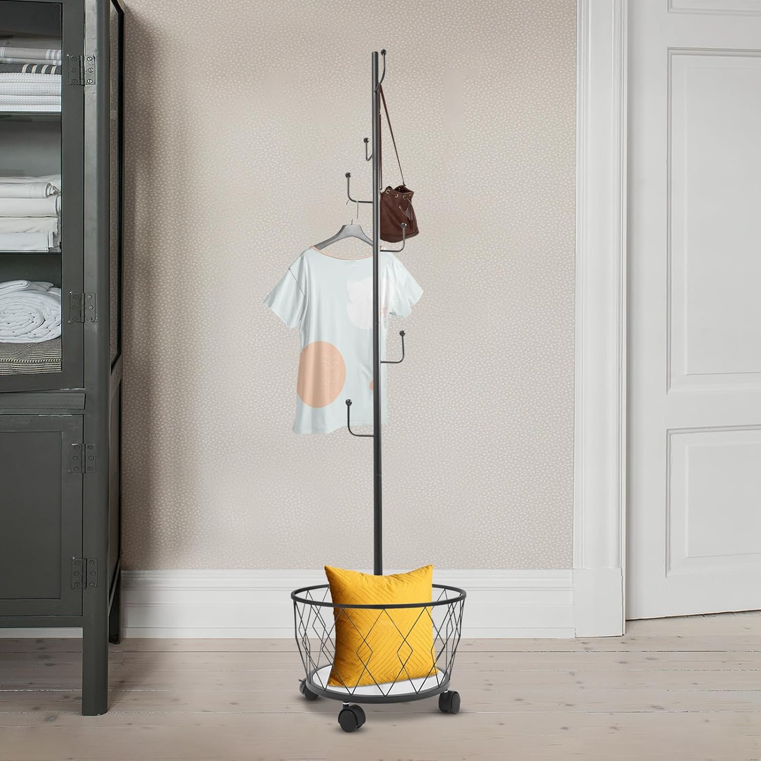 Coat Rack Freestanding with Storage Basket Black Hall Tree Entryway Organizer Coat Stand with Hooks for Hat Bag Scarf Shoe Bedroom Living Room Office