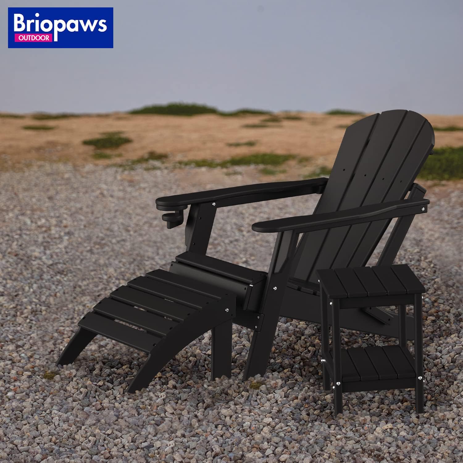 Briopaws Folding Adirondack Ottoman, 19.7W x 18.5L x 13H Inch, HDPE All Weather Adirondack Chair Footrest, Plastic Footstool for Deck Backyard Patio Outdoor Poolside Porch Lawn Indoor, Black