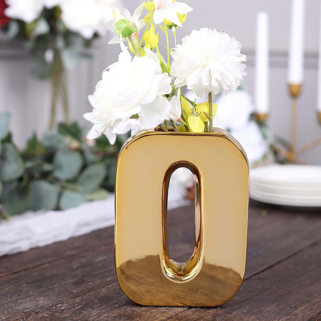 Efavormart 6" Shiny Gold Plated Ceramic Letter O Sculpture Flower Vase, Bud Planter Pot Table Centerpiece