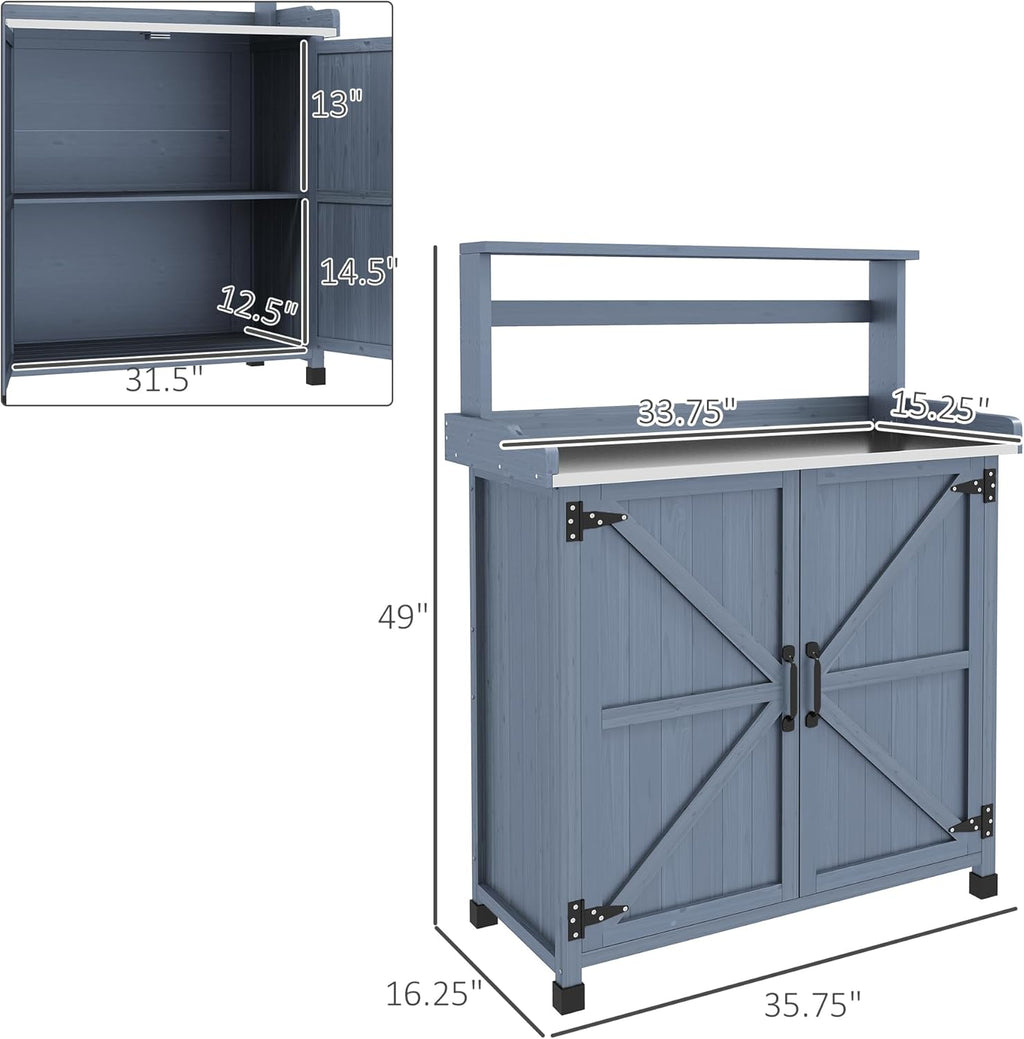 Outsunny Potting Bench, Outdoor Wooden Potting Table with Storage Cabinet with 2 Shelves, Garden Work Bench with Galvanized Plated Tabletop for Backyard, Balcony, Gray