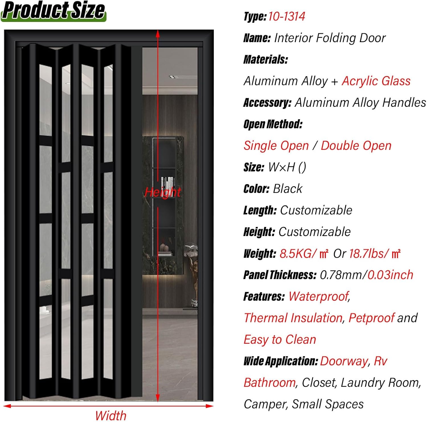 Accordion Folding Door, Custom Size Aluminum No-Drill Sliding Barn Door with Track & Handle, Temporary Room Divider for Hallway Bedroom Bathroom Kitchen Office (Color: WxH 10-4)