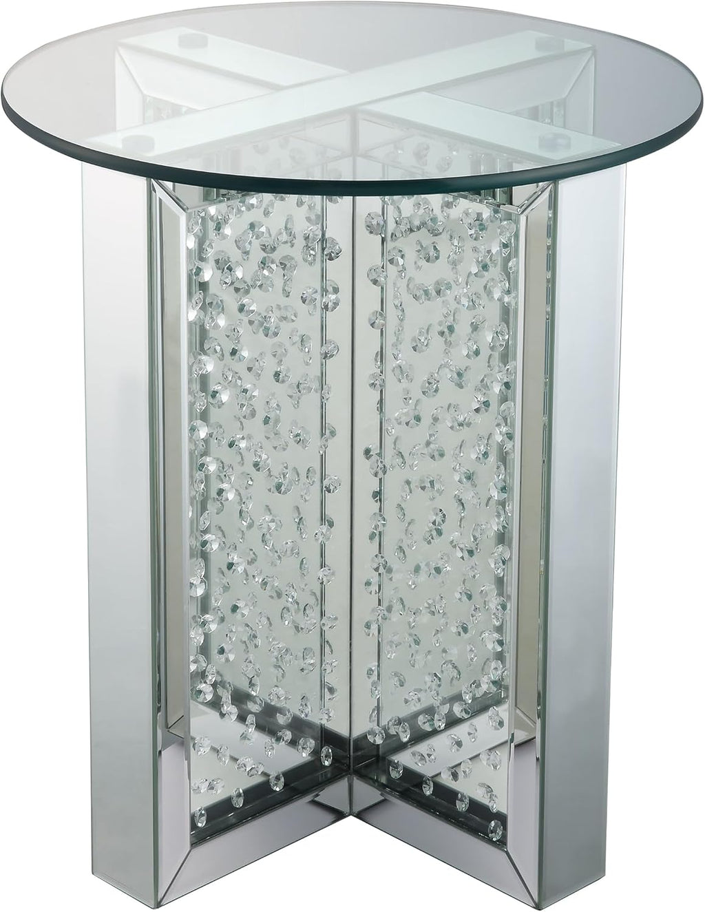 Nysa Modern 21" Round Mirrored End Table with Faux Crystal Inlay, Glam X-Shape Pedestal Side Table, Tempered Glass Top Nightstand for Bedroom, Fully Assembled Accent Table for Living Room