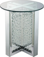 Nysa Modern 21" Round Mirrored End Table with Faux Crystal Inlay, Glam X-Shape Pedestal Side Table, Tempered Glass Top Nightstand for Bedroom, Fully Assembled Accent Table for Living Room