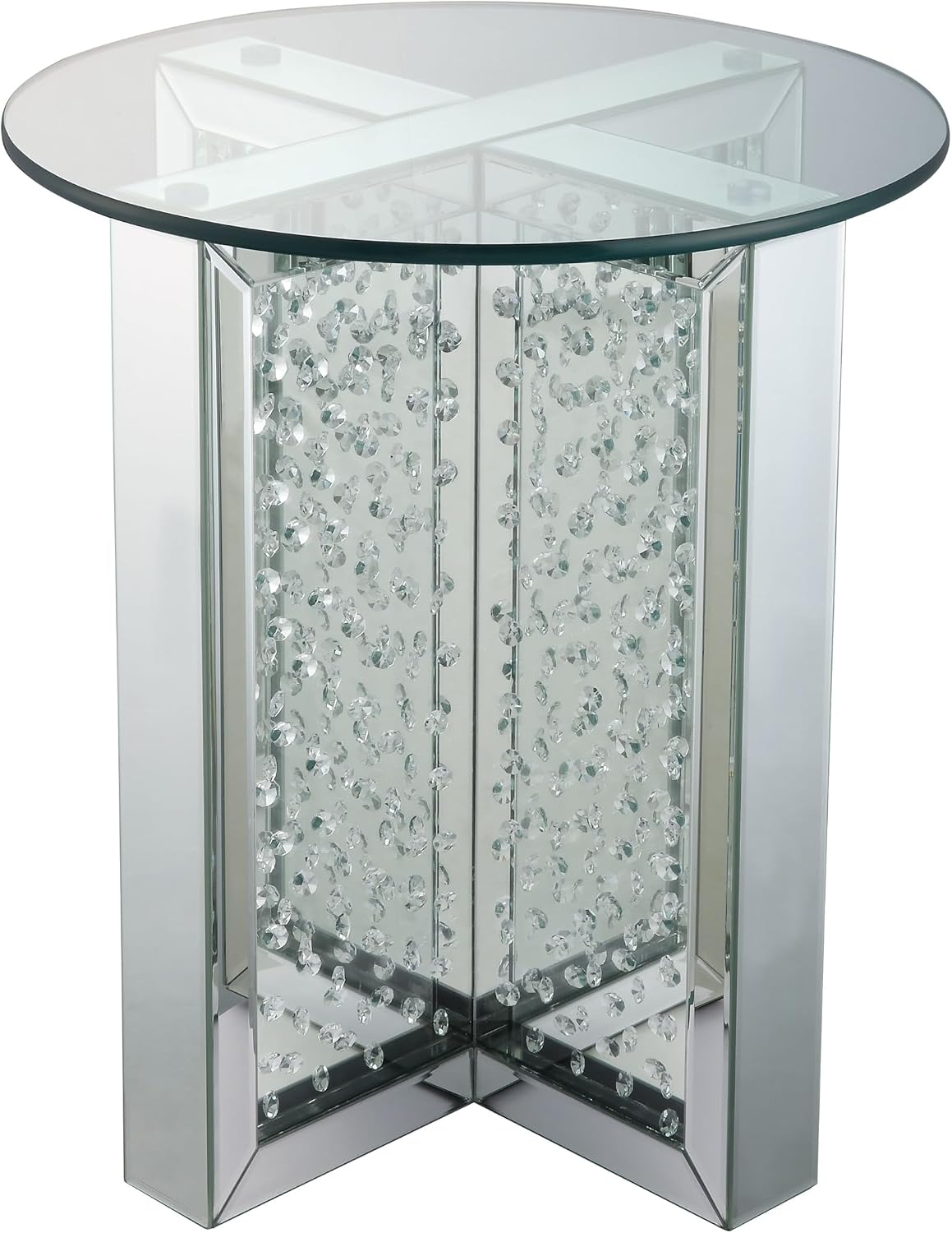 Nysa Modern 21" Round Mirrored End Table with Faux Crystal Inlay, Glam X-Shape Pedestal Side Table, Tempered Glass Top Nightstand for Bedroom, Fully Assembled Accent Table for Living Room