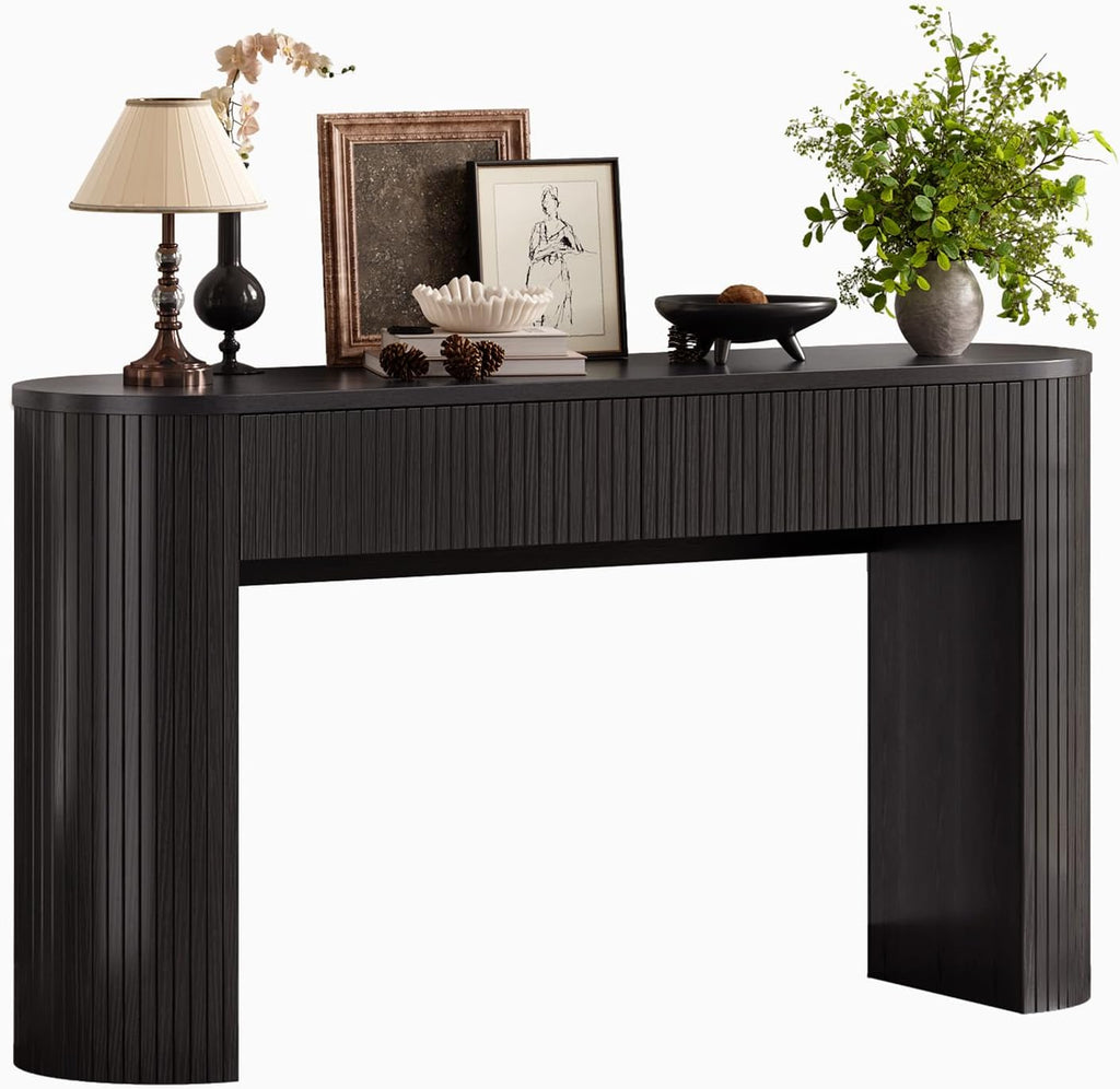 55 Inch Console Table with 2 Drawers, Entryway Tables with Storage,Black | Fluted Sofa Table Behind The Couch, Hallway Tables, Mid-Century Modern Foyer Table for Entryway, Hallway, Living Room