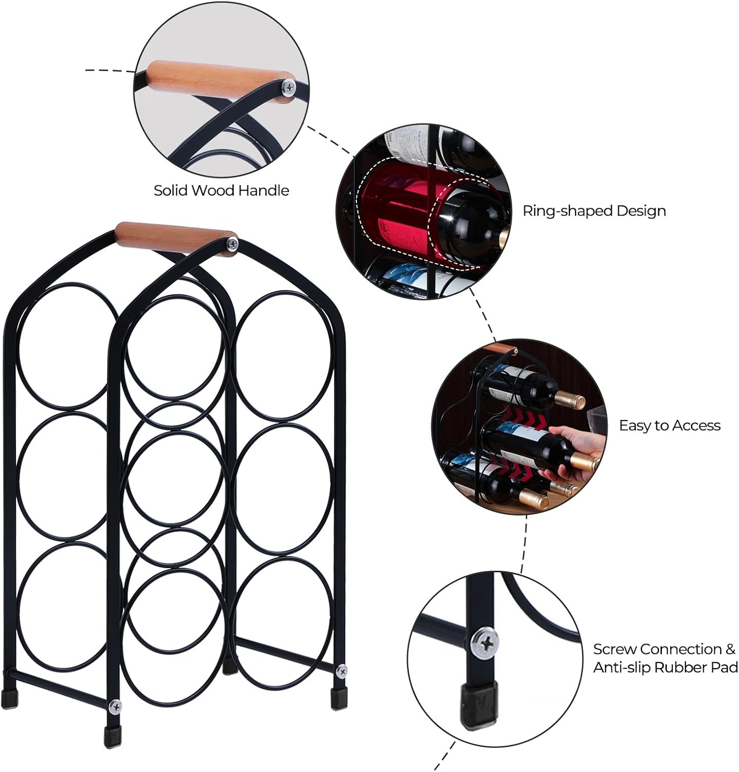 Wine Rack countertop Wine Bottle Holder Metal Wine Rack, Industrial Style Honeycomb Design 6-Bottle Wine Storage with Wooden Handle, Easy Installation,for Home Kitchen Bar/Cabinet