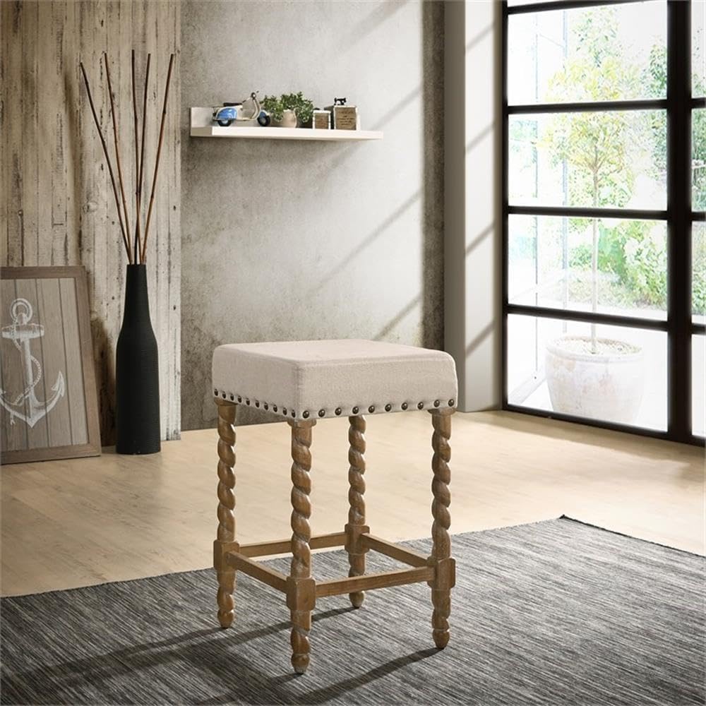 Carolina Chair & Table Remick 24" Counter Stool with Linen Upholstered Seat - Solid Wooden Frame, Twist Turned Legs with Antique Brass Nailhead Trim Accent Stool for Kitchens, Bars (Natural Oak)