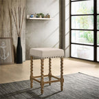 Carolina Chair & Table Remick 24" Counter Stool with Linen Upholstered Seat - Solid Wooden Frame, Twist Turned Legs with Antique Brass Nailhead Trim Accent Stool for Kitchens, Bars (Natural Oak)