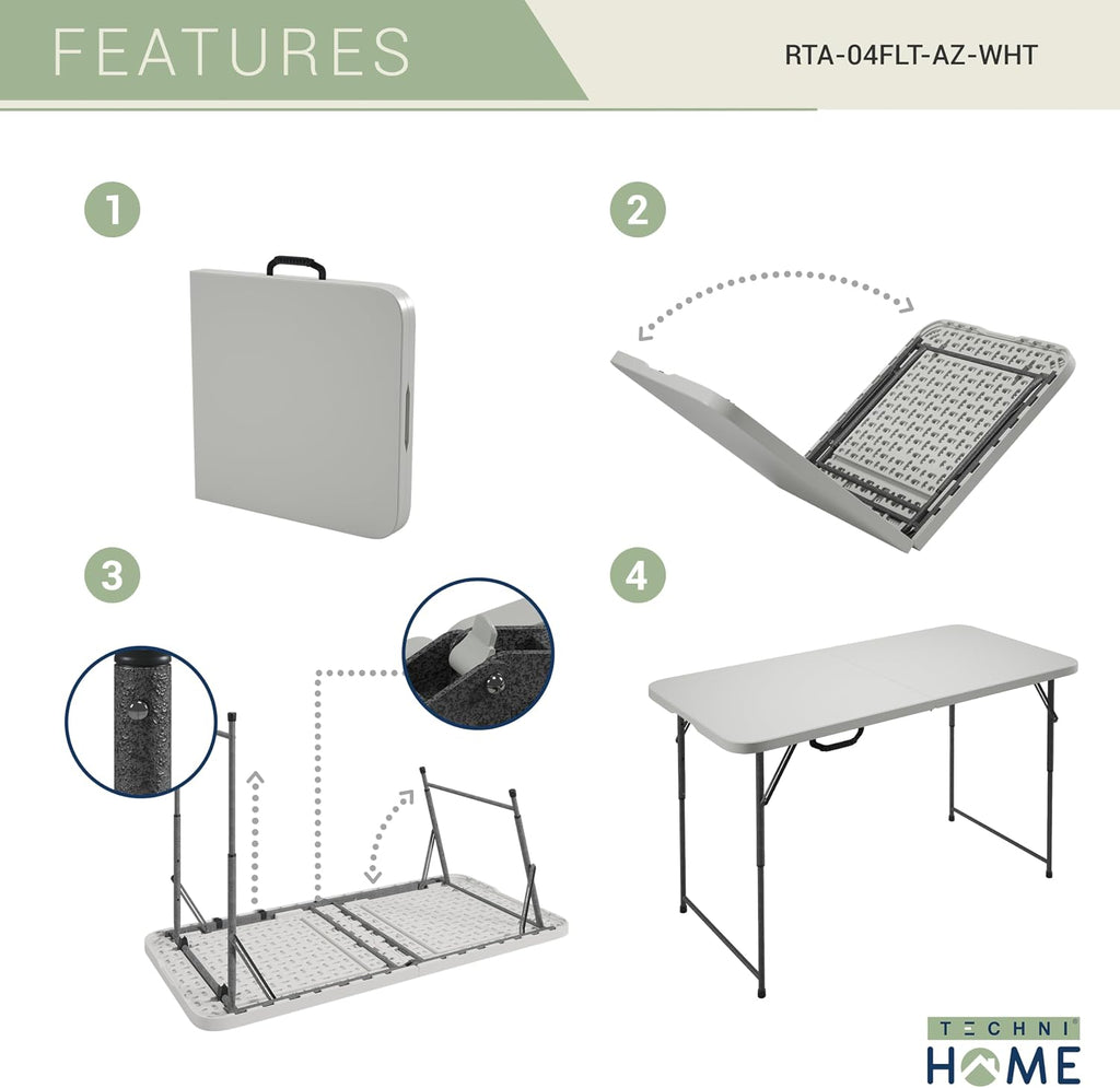 Height Adjustable 4 FT Granite White Folding Table – Premium 4 Foot Folding Table Ideal for Camping, Picnic, Party or as Kids Table