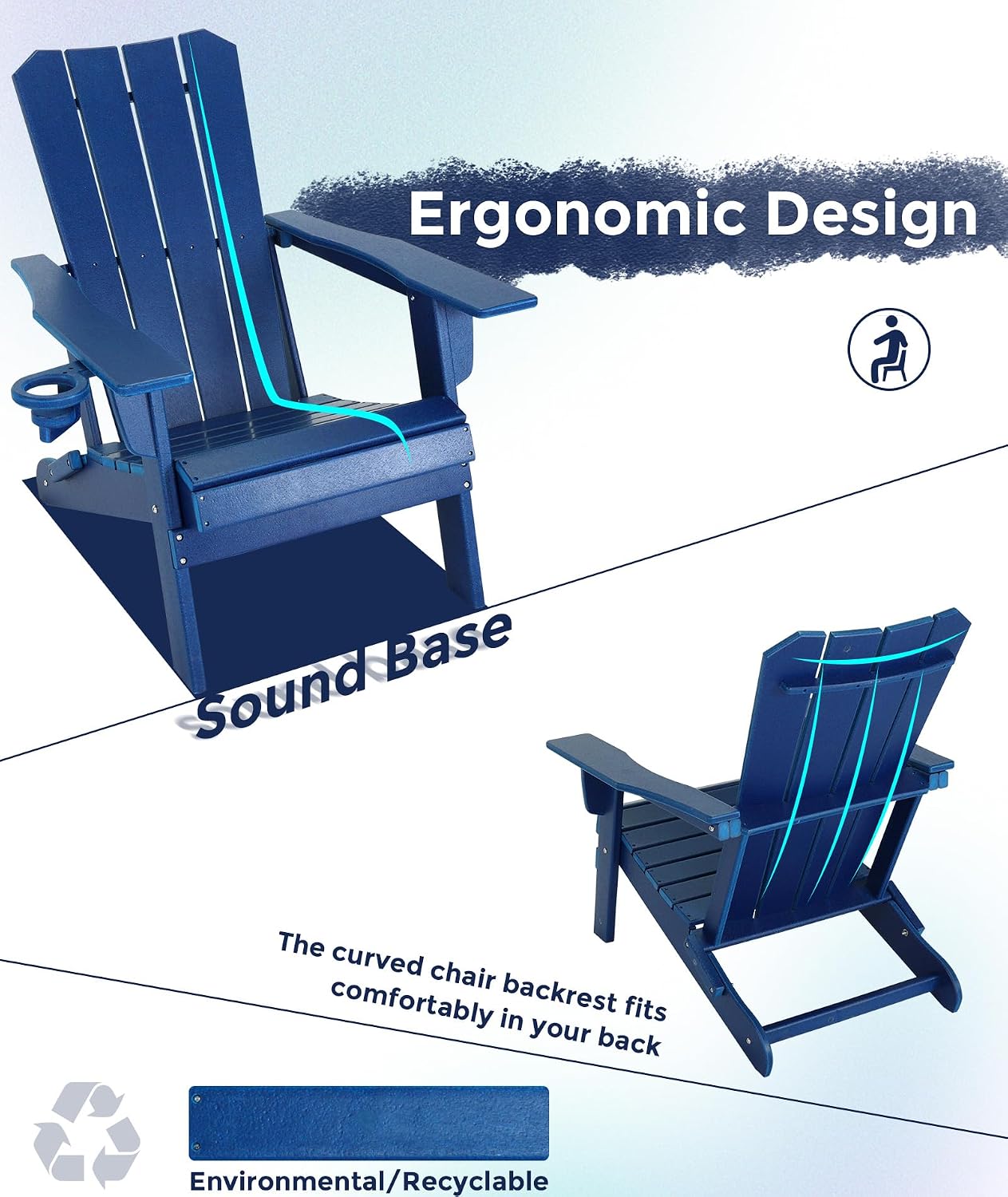 GARDENSTAR Adirondack Chair Oversized Folding Adirondack Chairs Recyclable HDPE Modern Adirondack Chair with Cup Holder Poly Lumber Patio Chairs for Pool Patio Garden Outdoors Fire Pit Blue