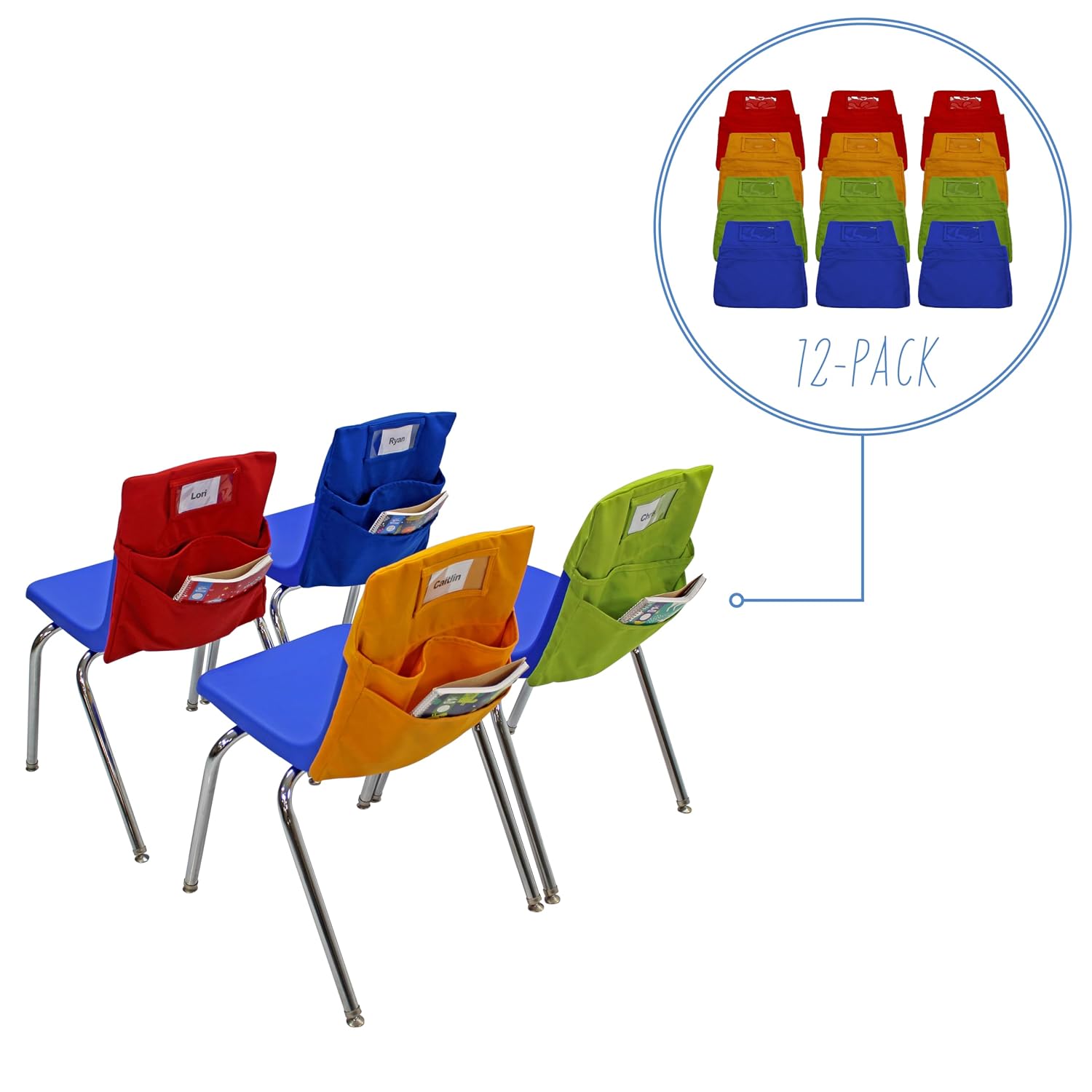 Factory Direct Partners 13872-302 Student Seat Companion, 2 Pocket Olefin Fabric Organizer for Chairback with Kid"s Name Tag Holder; Storage for Classroom School Supplies, Large (12-Piece) - Assorted
