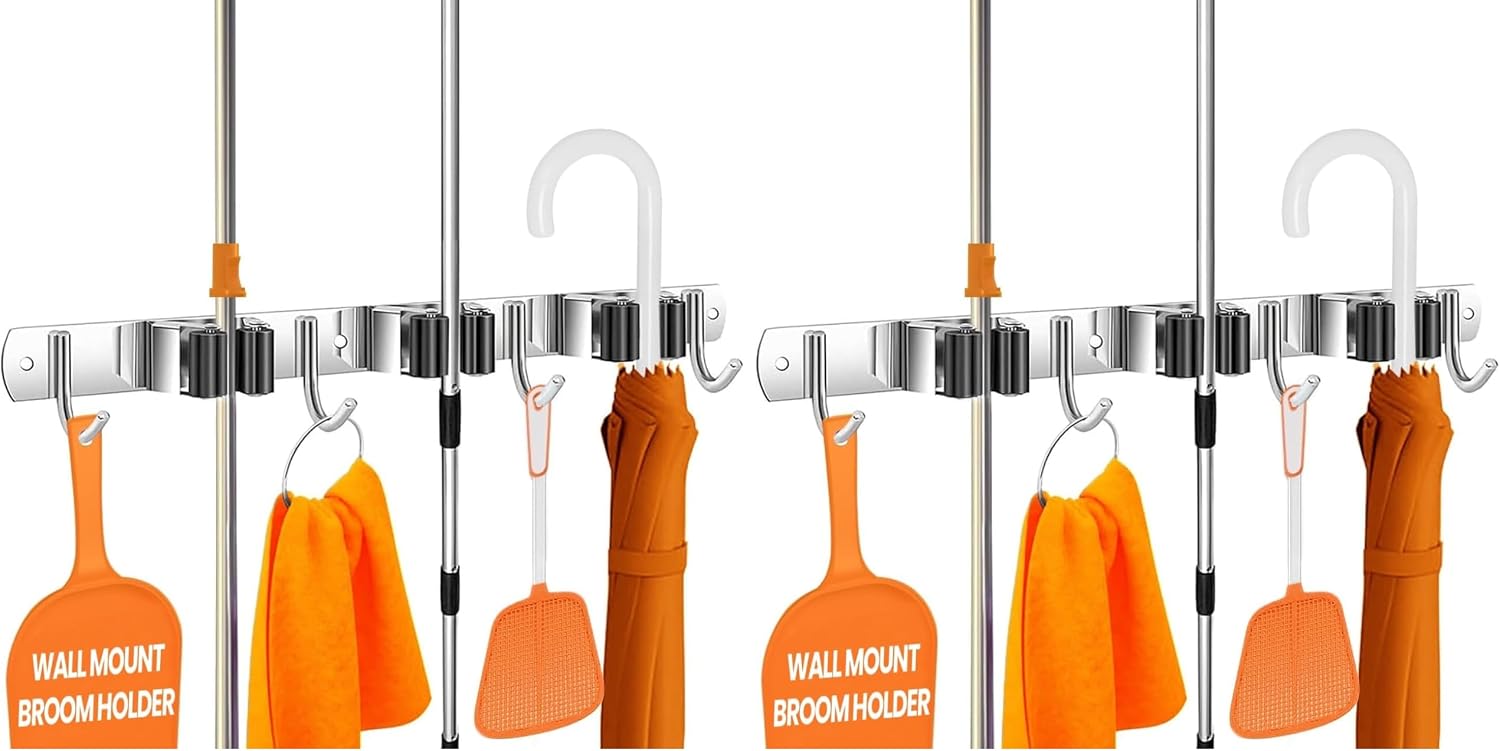 The Good Stuff Compact Mop and Broom Holder Wall Mount – Stainless Steel Organizer with 3 Racks and 2 Hooks – Rust-Resistant, Space-Saving Tool Hanger for Closet, Kitchen, Garage, or RV (Pack of 2)