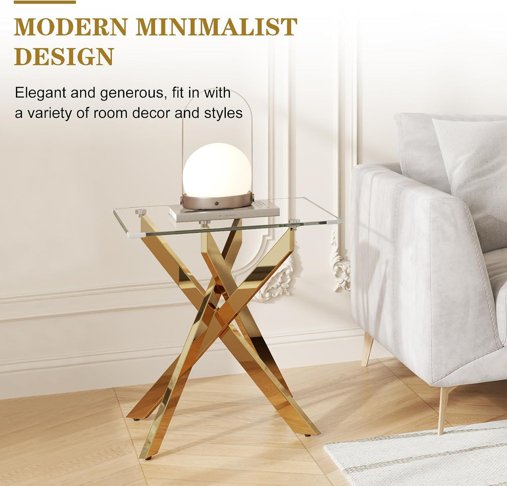 Glass End Table, Square Side Table with Tempered Glass Top & Gold Metal Legs, Modern Living Room Accent Table for Small Space, Bedroom, Apartment, Easy to Assemble