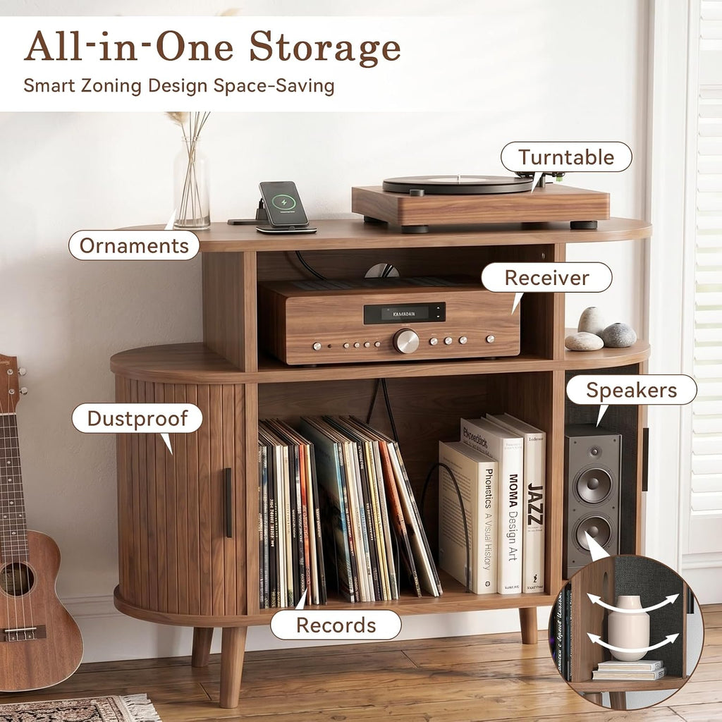 35" Record Player Stand with Storage and Shelves, Vinyl Record Cabinet with Power Outlets, Mid-Century Modern Record Table，Storage Furniture for Living Room and Bedroom,Walnut