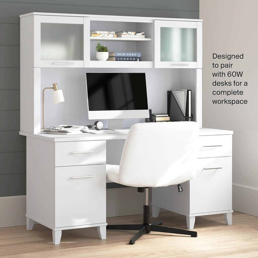 Bush Home 60-Inch Desk Hutch, Office Storage Organizer with Shelves, Cubbies and Frosted Glass Doors for Computer Desk, Home Office Furniture, Somerset Collection, White
