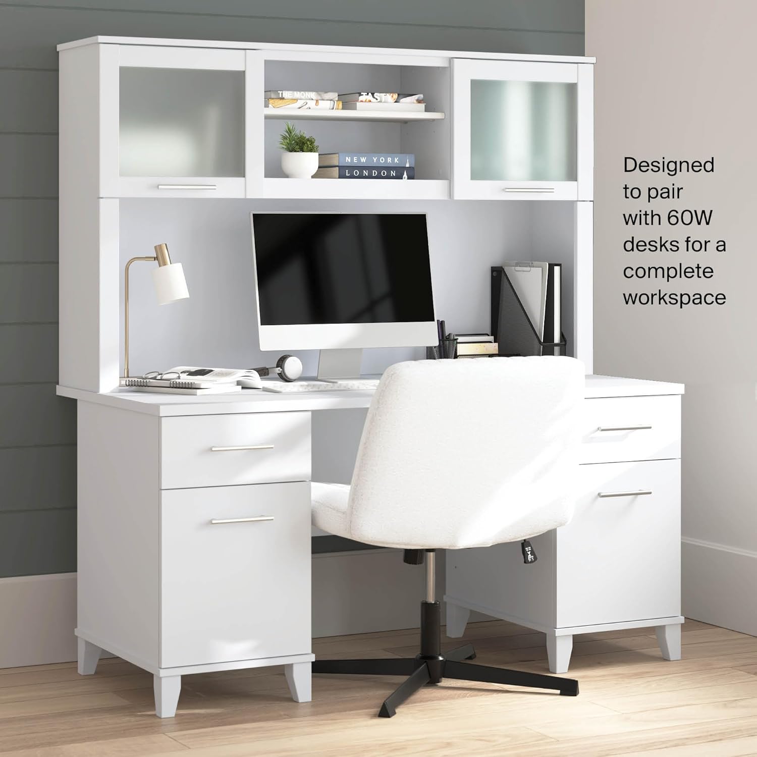 Bush Home 60-Inch Desk Hutch, Office Storage Organizer with Shelves, Cubbies and Frosted Glass Doors for Computer Desk, Home Office Furniture, Somerset Collection, White