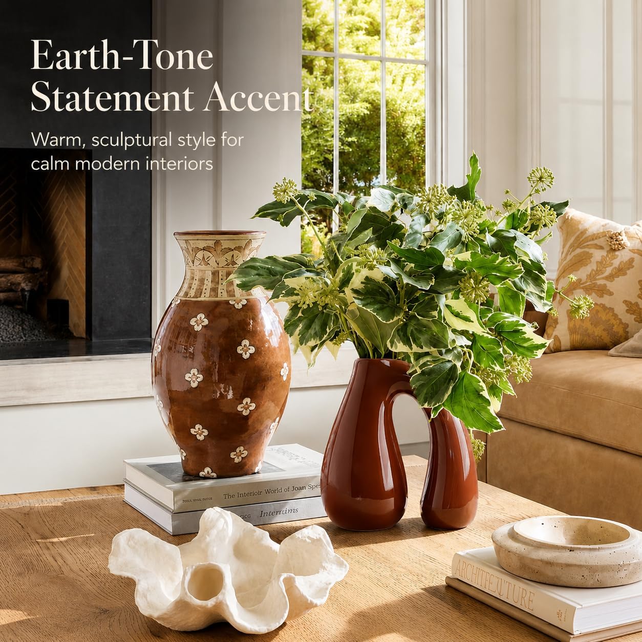 Brown Ceramic Vase for Pampas, Boho Shelf & Table Decor | Holds Dried Stems and Faux Florals - Sculptural Accent for Mantel, Console and Entryway