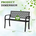 44" Outdoor Garden Bench, Iron Metal Frame Patio Bench with Backrest and Armrests, Weatherproof Anti-Rust Outdoor Bench for Front Porch, Park, Yard, Patio (411-Black)