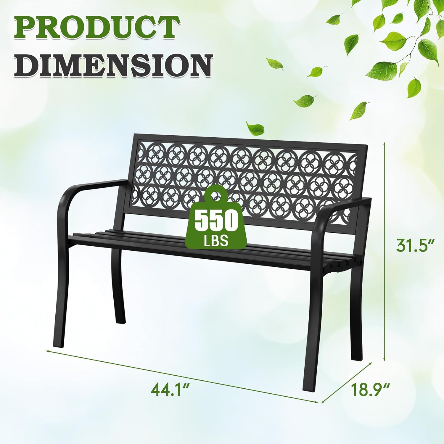 44" Outdoor Garden Bench, Iron Metal Frame Patio Bench with Backrest and Armrests, Weatherproof Anti-Rust Outdoor Bench for Front Porch, Park, Yard, Patio (411-Black)