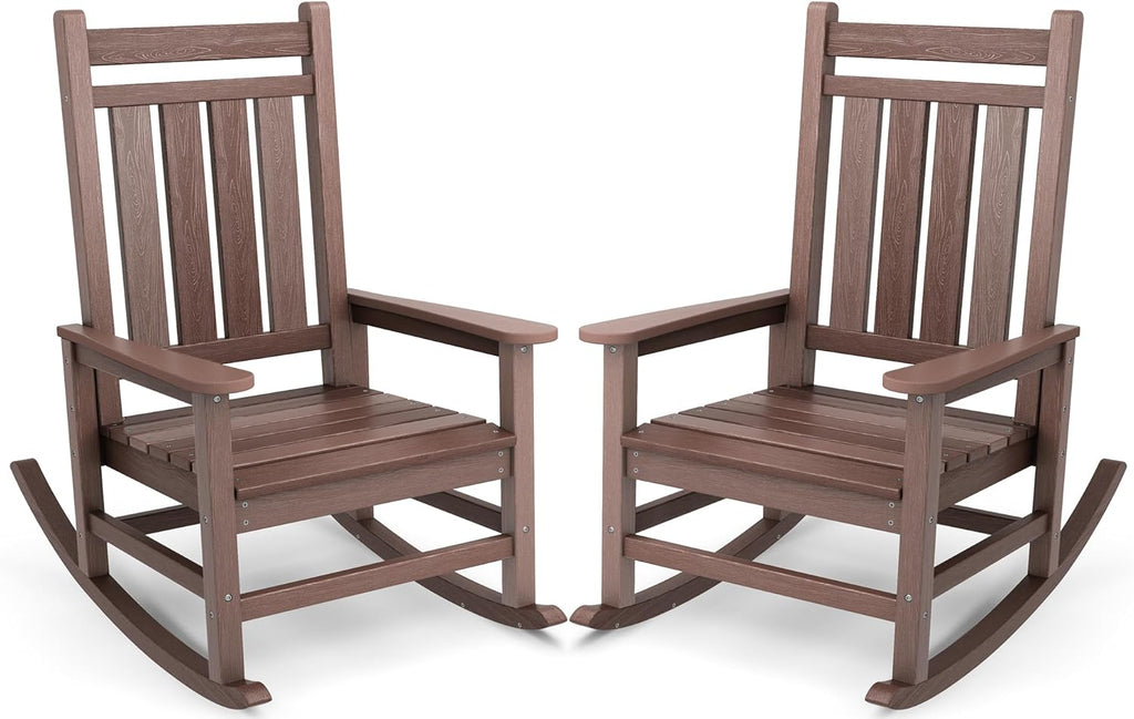 SERWALL Outdoor Rocking Chair Set of 2, HDPE Rocking Chair for Adults, All Weather Porch Rocker for Lawn Garden, Unique Color Matching Each Chair Varies, Multi-Tone Brown