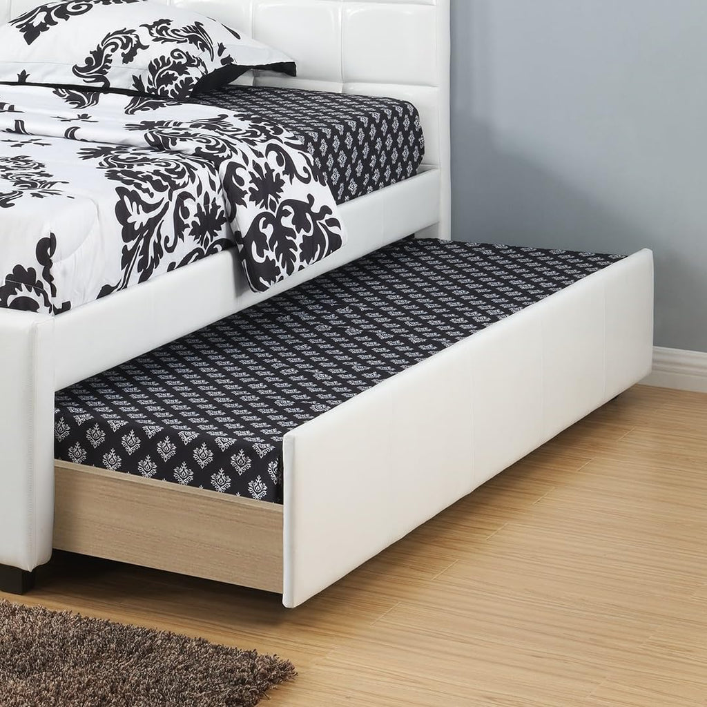 Full Size Bed w, Trundle Slats White Faux Leather Upholstered Plywood Youth Bedroom Furniture Wooden Slats