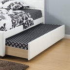 Full Size Bed w, Trundle Slats White Faux Leather Upholstered Plywood Youth Bedroom Furniture Wooden Slats