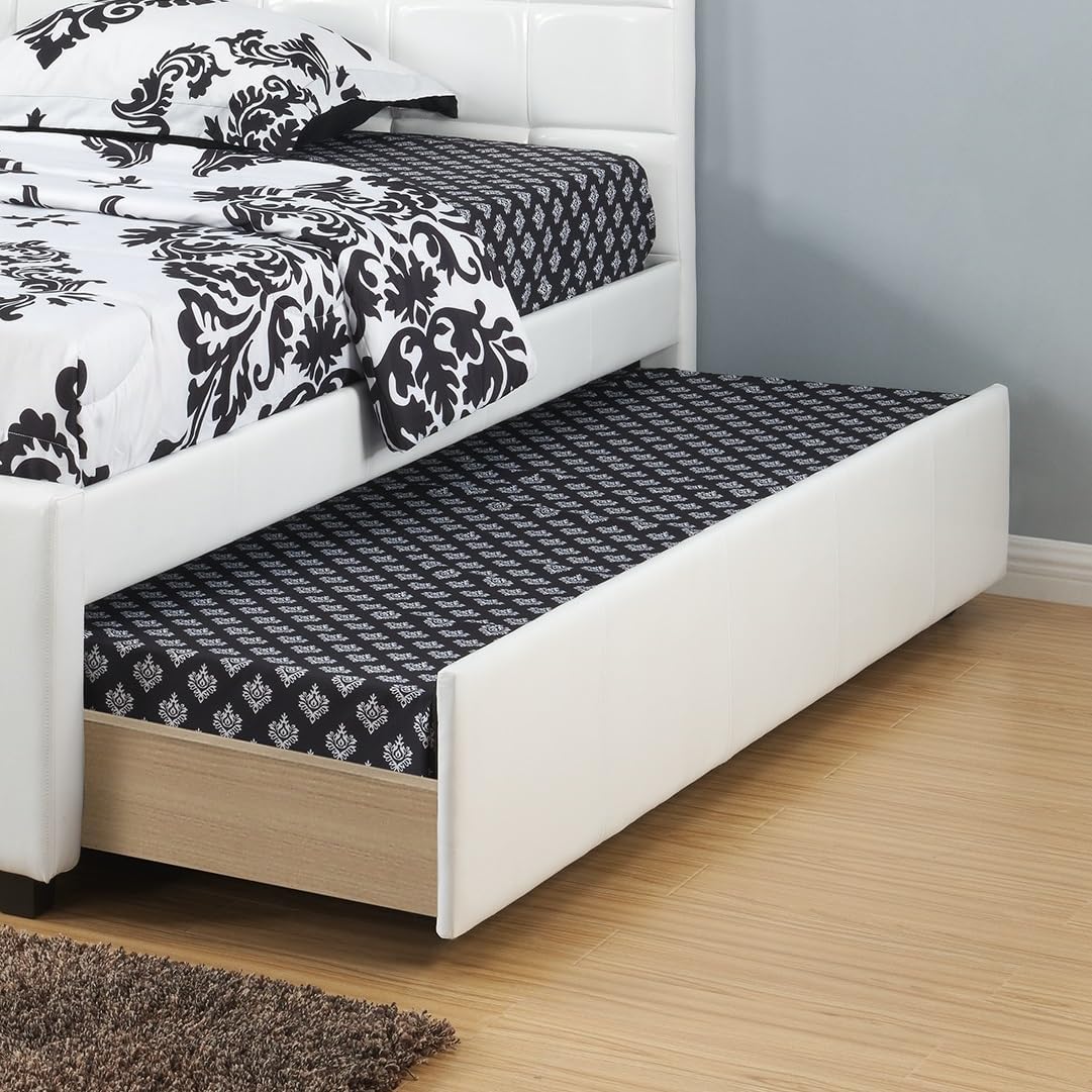 Full Size Bed w, Trundle Slats White Faux Leather Upholstered Plywood Youth Bedroom Furniture Wooden Slats