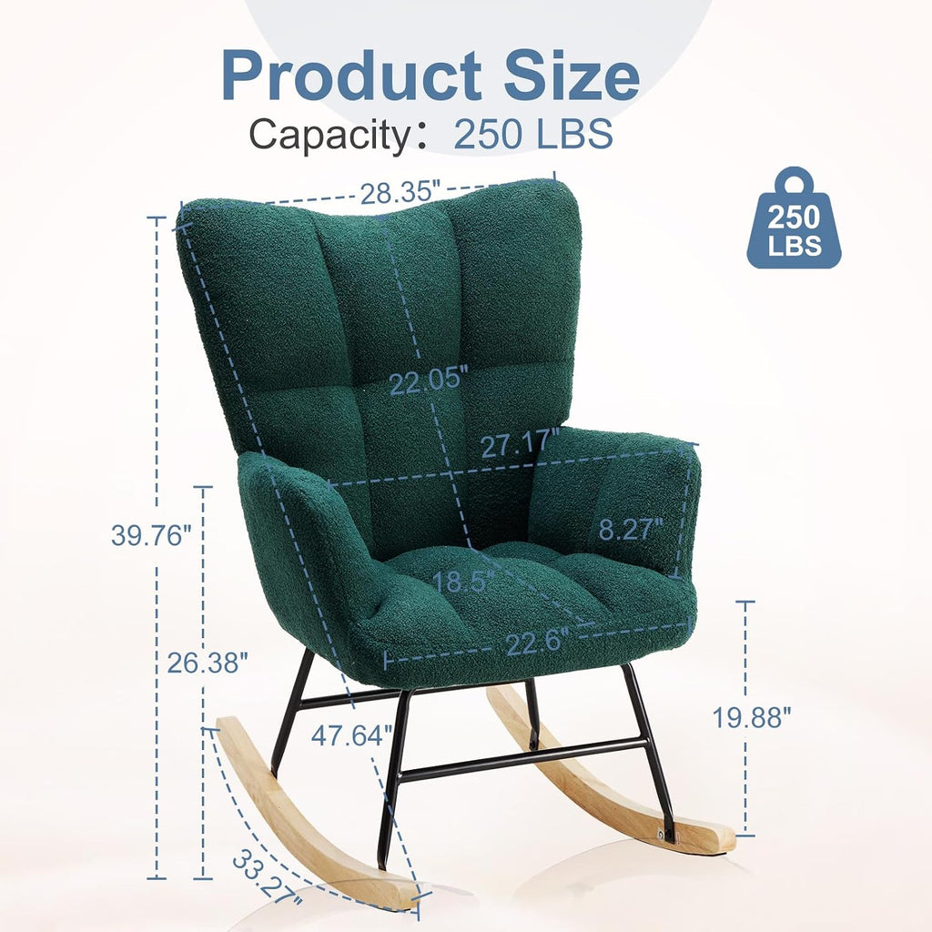 Rocking Chair, Upholstered Nursery Glider with 350 LBS Weight Capacity, Thick Padded Seat, Soft Teddy Fabric, Solid Wood Legs for Living Bedroom Nursery, 36.22"D x 28.35"W x 39.76"H, Green