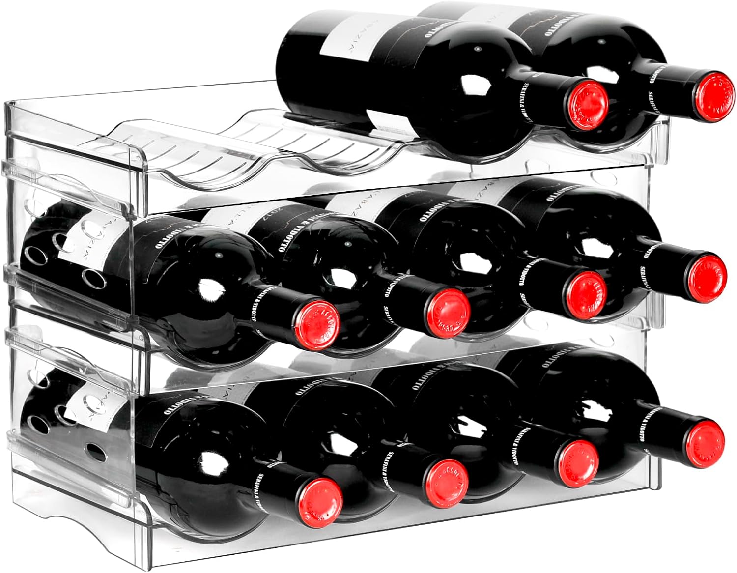 BoxedHome Plastic Water Bottle Organizer and Wine Rack Storage Holder for Inside Cabinet, Kitchen Countertop, Table Top, Pantry, Bars, Cabinets, Fridge - Clear (3 Tier 12 Containers)
