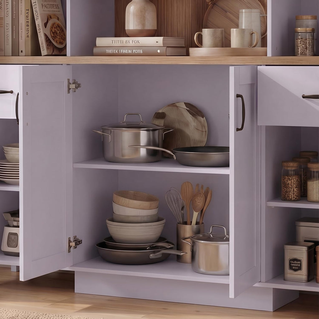 78.7” Farmhouse Kitchen Pantry Cabinet with Glass Doors & Hutch, Tall Pantry Storage Cupboard with 2 Drawers & Adjustable Shelf, Dining Room Home Bar, Purple & Brown, 66.9”W x 19.7”D x 78.7”H