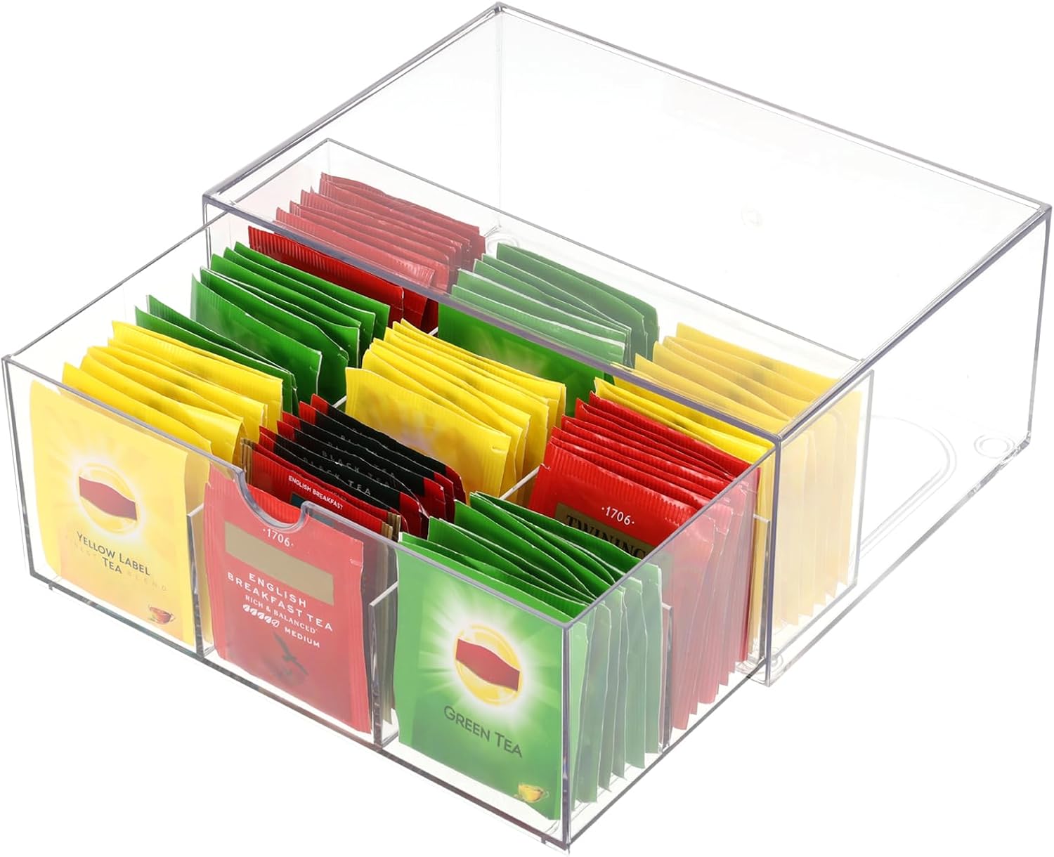Rainmae Tea Bags Organizer Clear Acrylic Teabag Drawer Holder with 9 Compartments Stackable Tea Caddy Water Flavor Packet Storage Drawer for Counter, Countertop, Kitchen